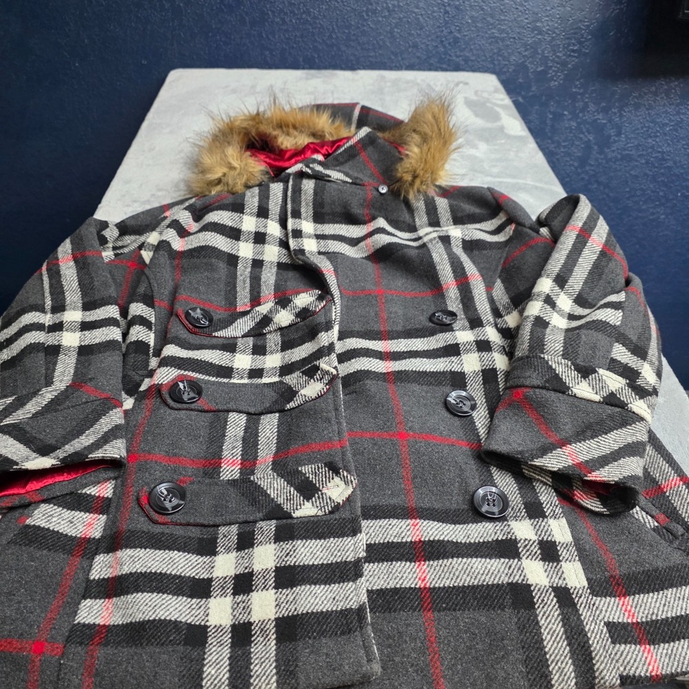 Dollhouse Outerwear NYC Plaid Fitted Peacoat Faux Fur Trim Hood-Sz 1X